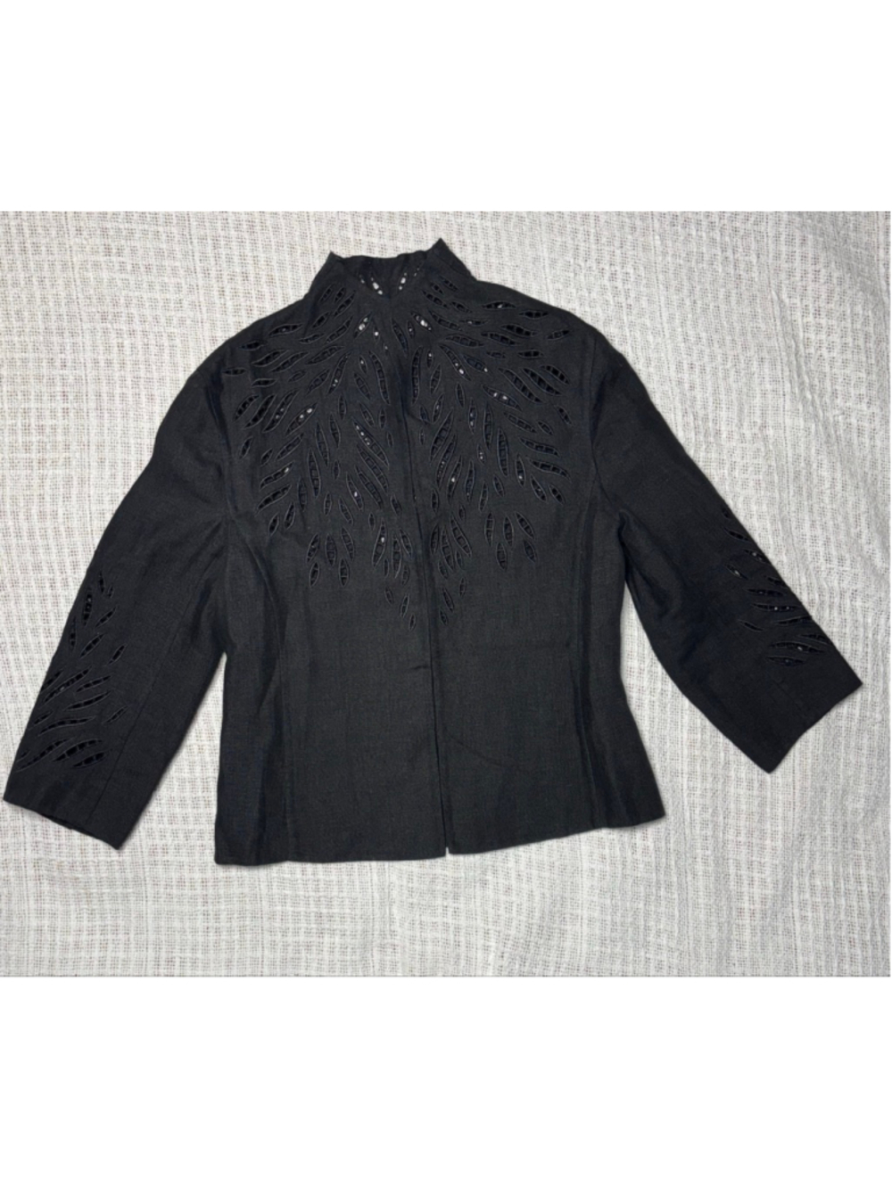 Vintage Carlisle 98% Linen Luxurious Black Embroidered Open Front Jacket SZ 2 - Picture 2 of 6
